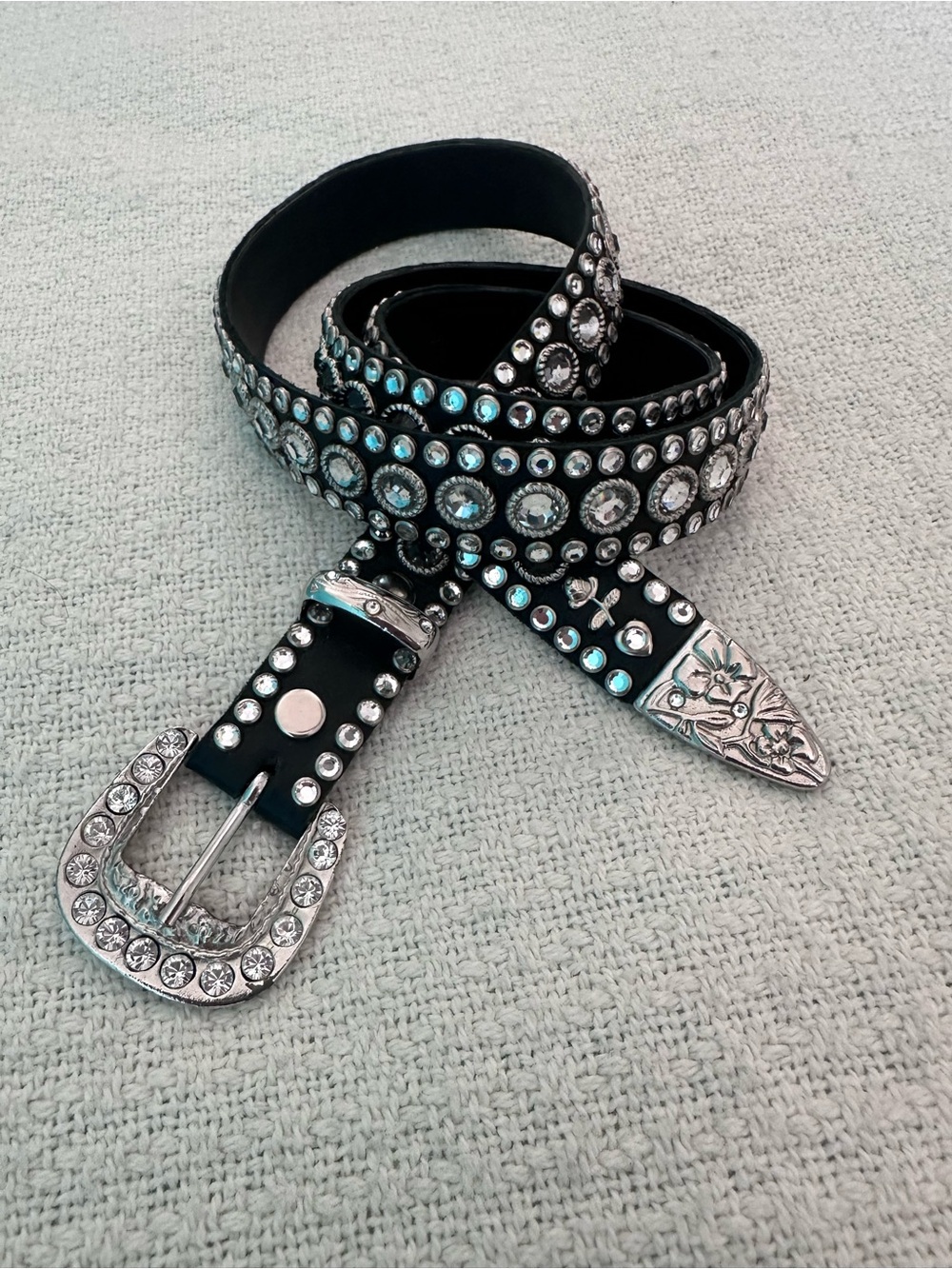 Kippy’s Crystal Rhinestone Western Leather Belt Black Silver Size 36 - Picture 2 of 8